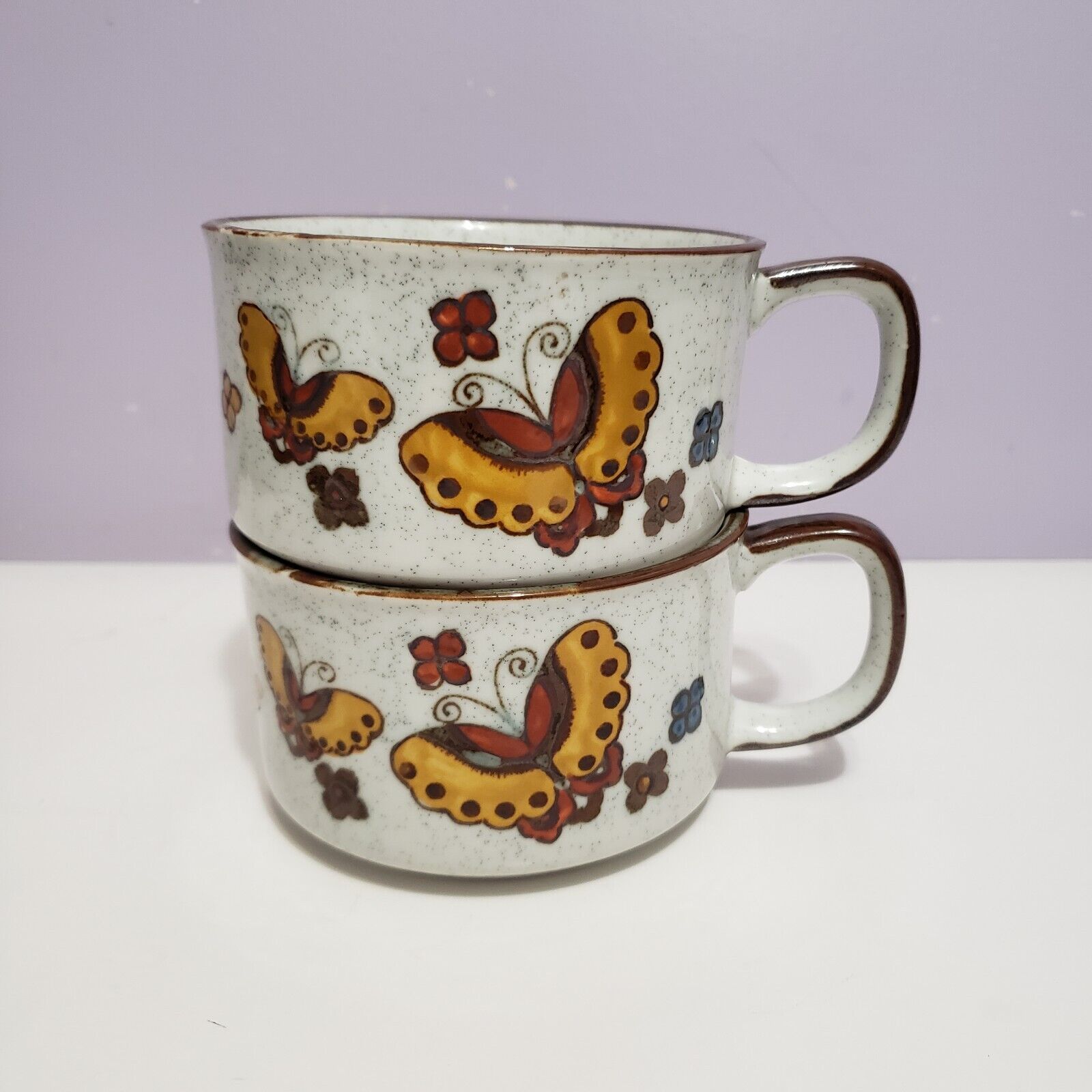 Otagiri Vintage Speckled Stoneware Butterfly Coffee Mugs Soup Cups Set of 2