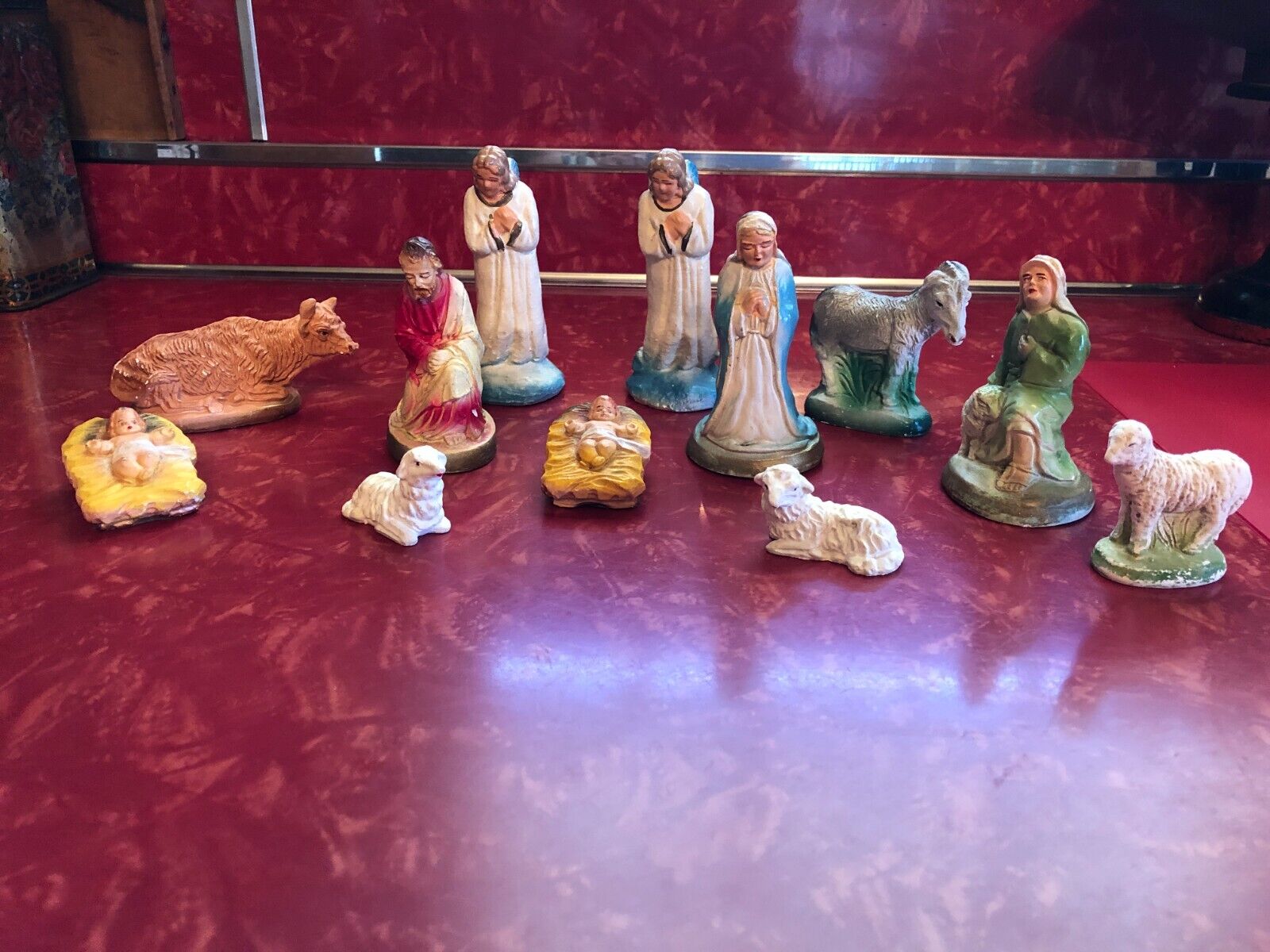 Antique Chalkware Nativity Set & Extra Two Pieces