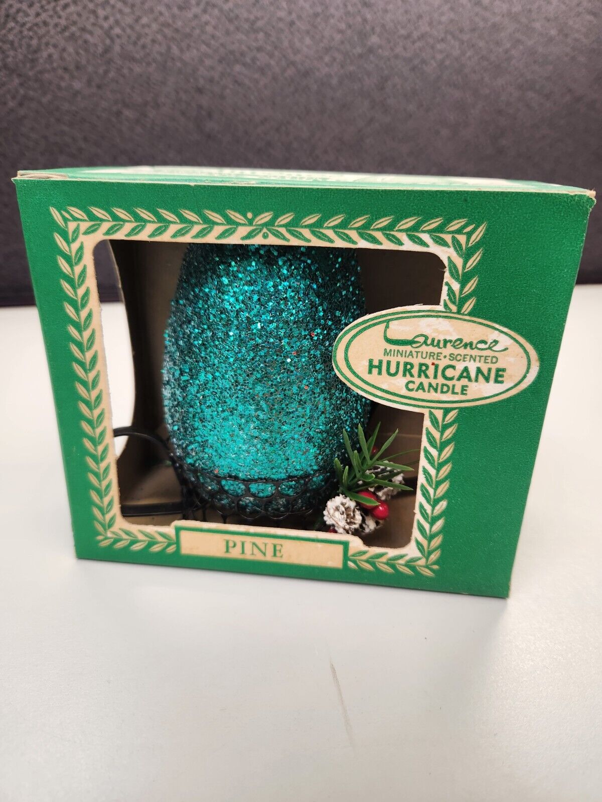 Vintage Laurence Miniature Green Pine Hurricane Candle Boxed Glitter W/Box