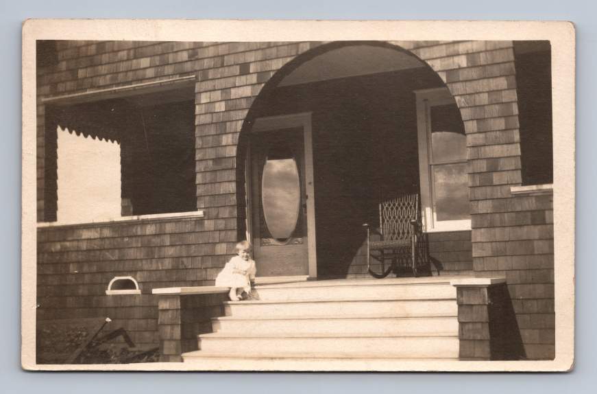Cute Kid on Craftsman House Porch RPPC Monticello Iowa Antique Photo 1911