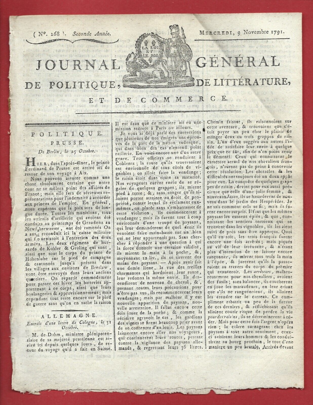 1791 RARE REVOLUTION GENERAL JOURNAL OF LITERATURE AND TRADE POLICY