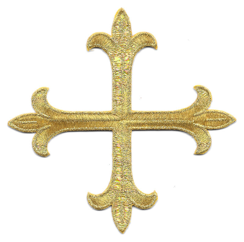 Cross - Greek Cross Fleur - Church - Embroidered Gold Rayon Iron On Patch - 5\