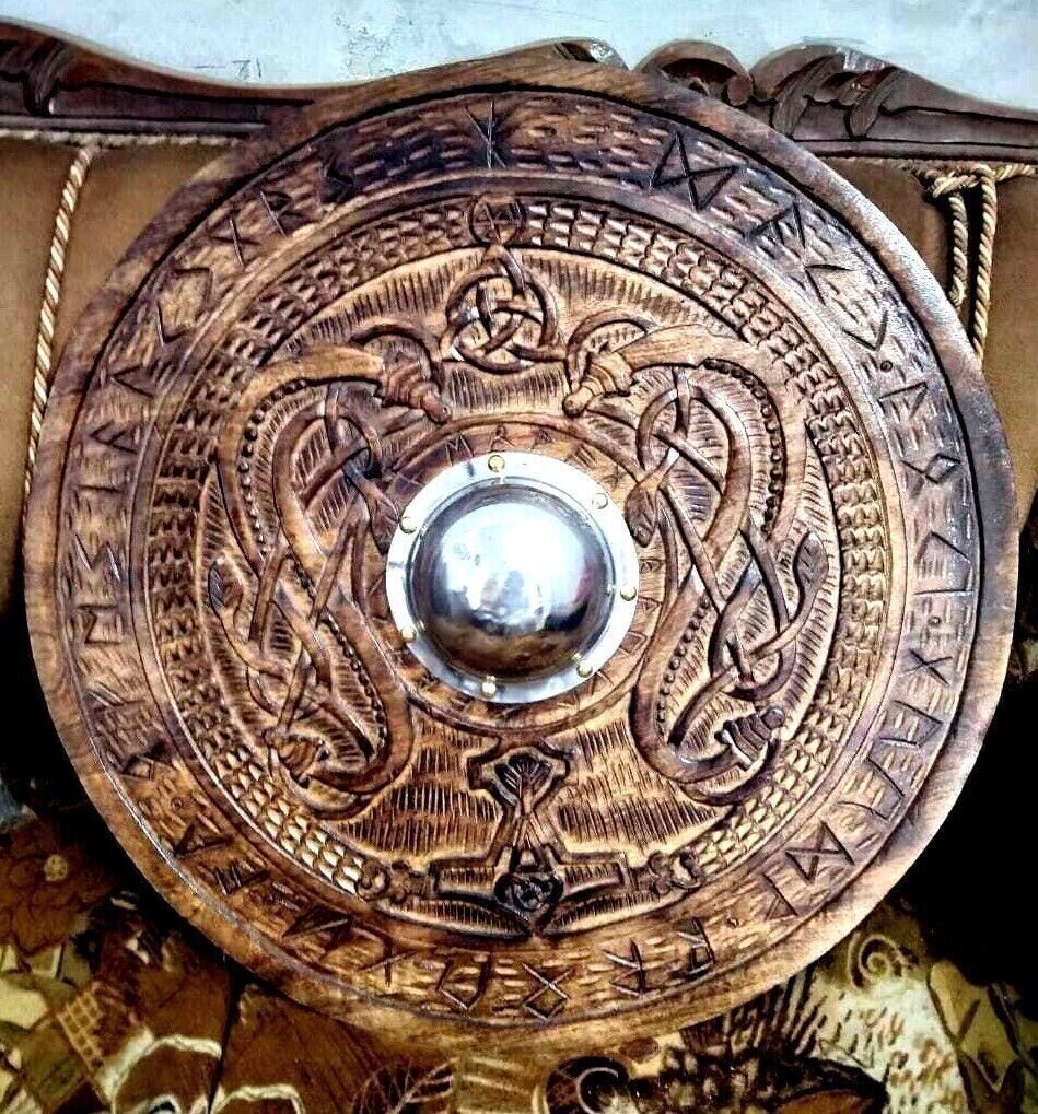 Viking Wooden Hand Carving Ornaments Shield Battle Warrior Authentic Decorative