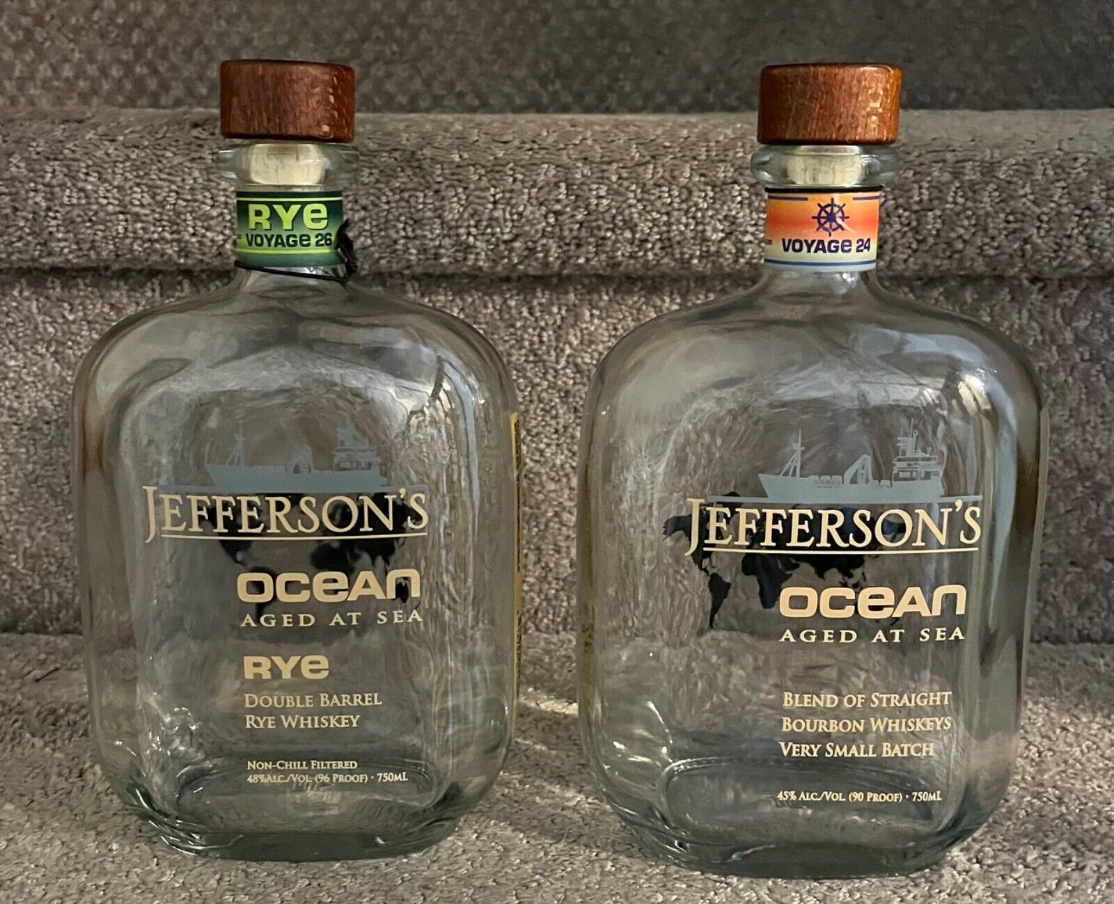 Jefferson’s Ocean Lot Of 2 Empty Bottles/Voyage 24 (Bourbon) & Voyage 26 (Rye)