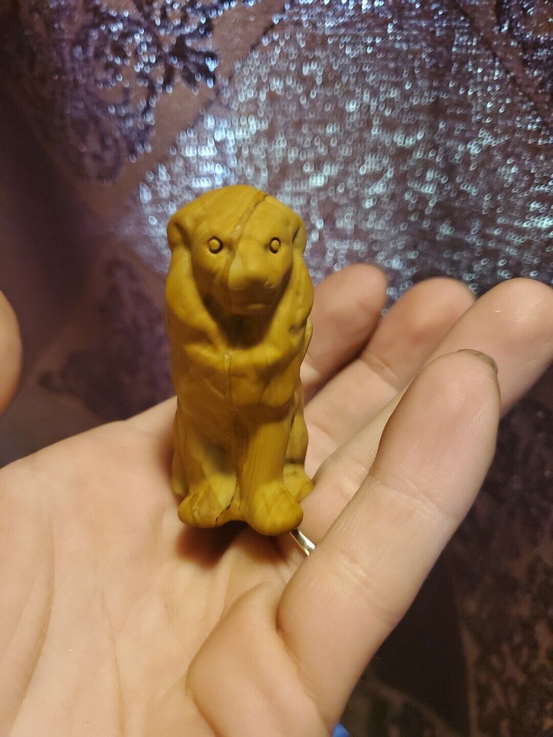 Carved Wood Fossil Crystal Lion Figure