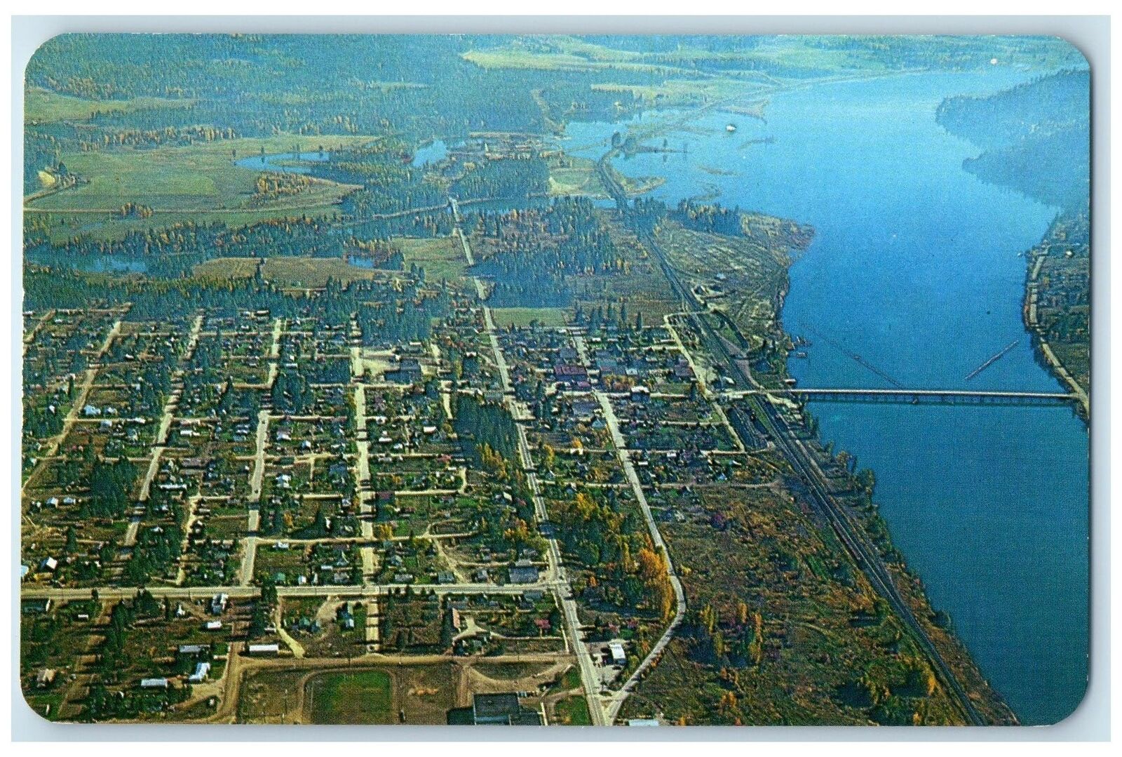 c1960s Aerial View Of Priest River On North Idaho Priest River Idaho ID Postcard