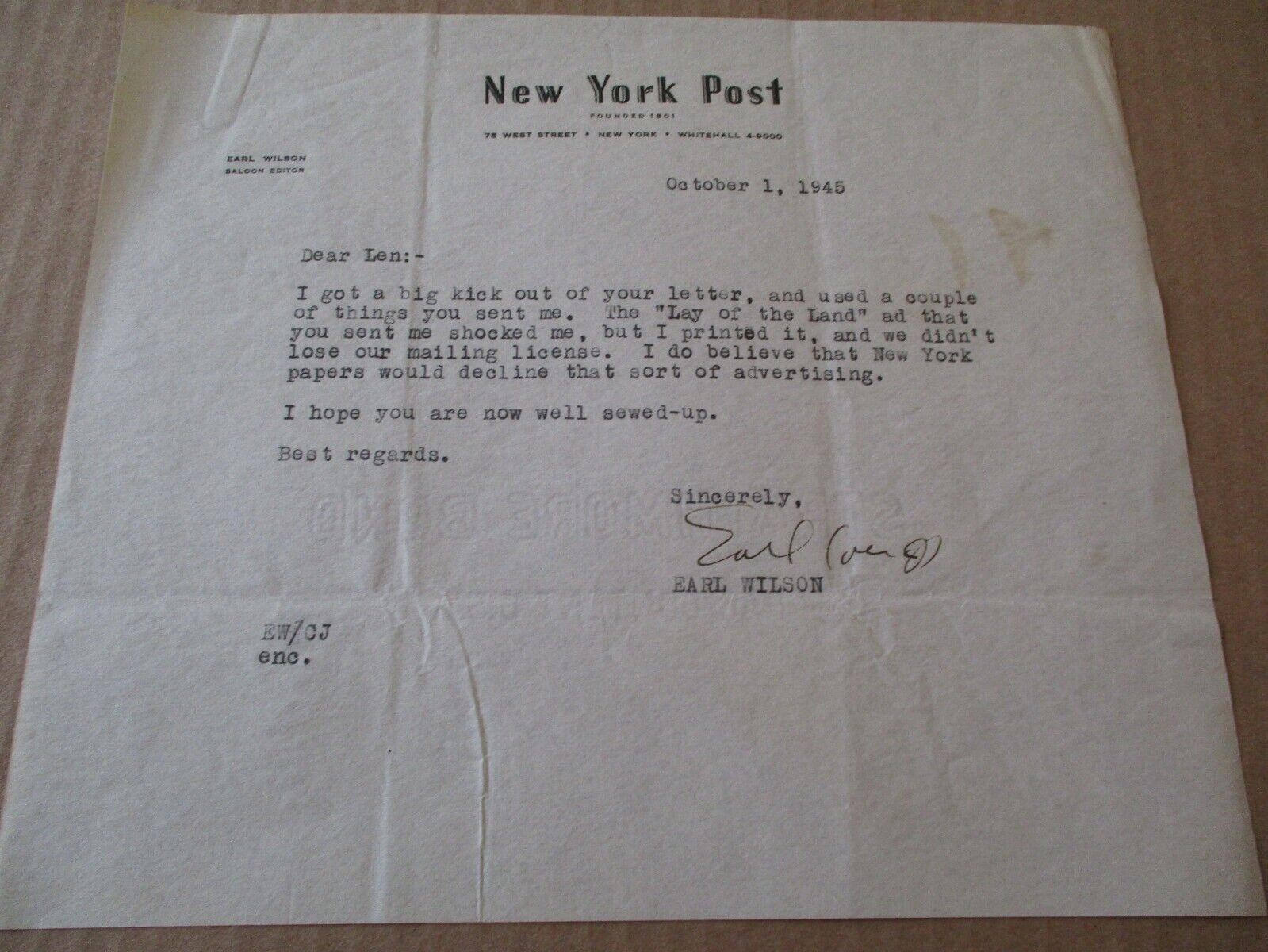 EARL WILSON SIGNED AUTOGRAPH LETTER FAMOUS AMERICAN HISTORIC JOURNALIST 1960'S