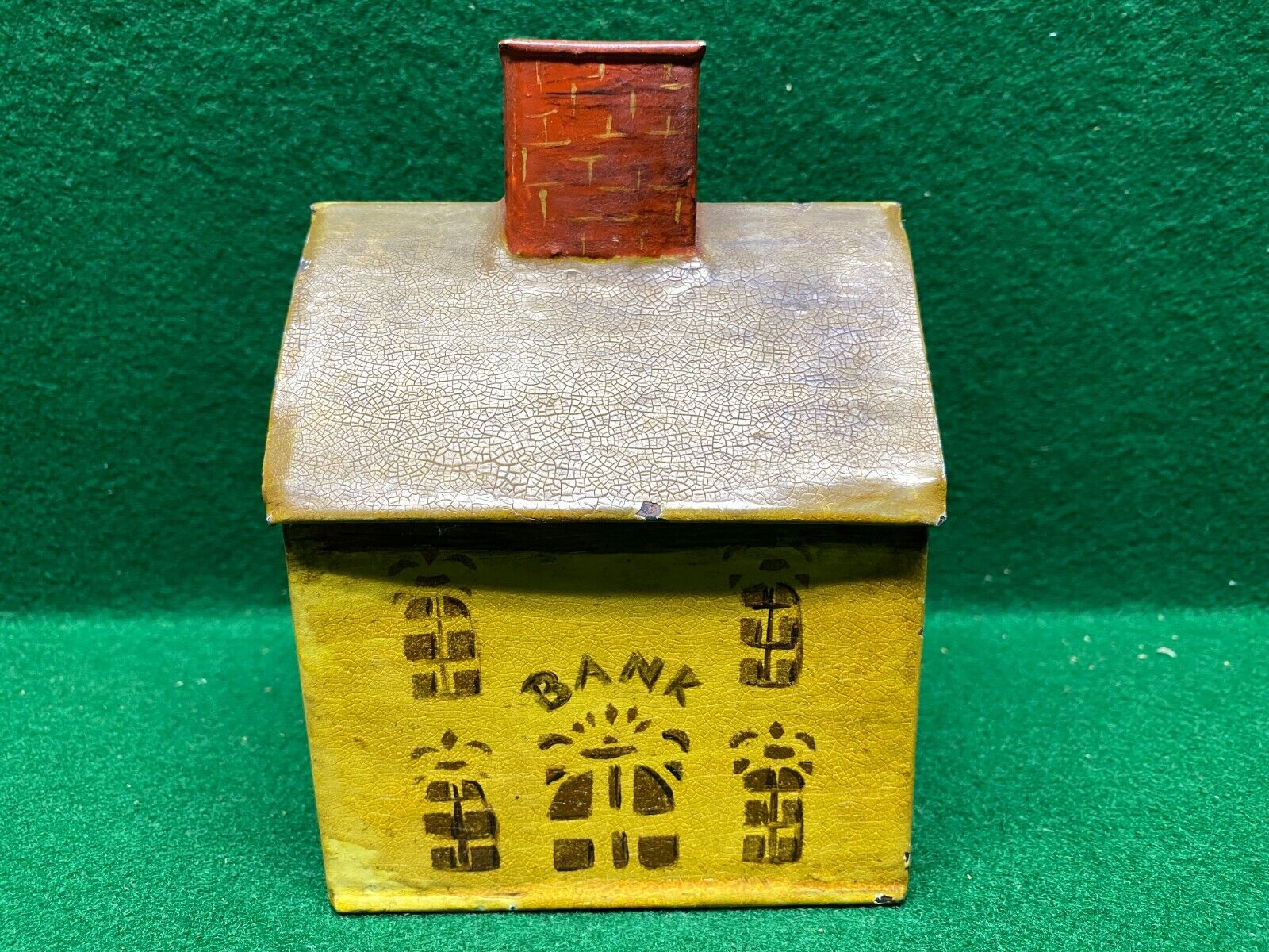 Antique Hand Painted / Stenciled Toleware Tin Bank Coin Still Bank Bank House.