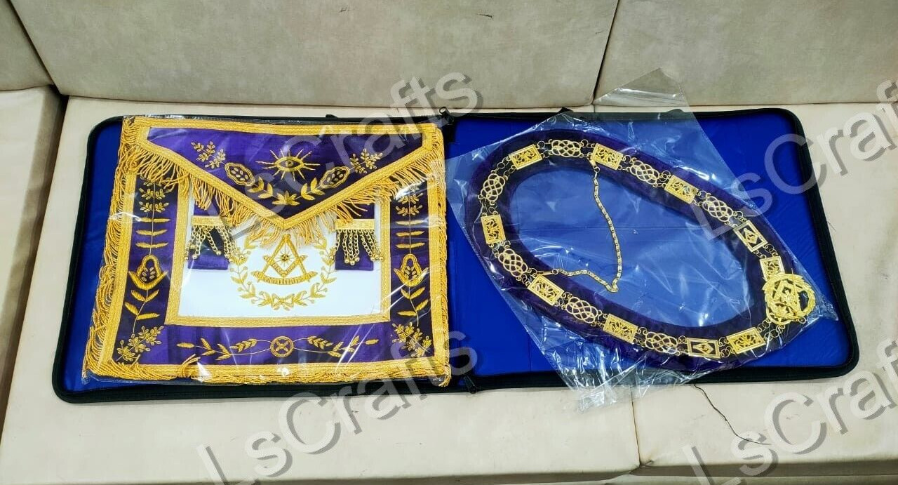 Masonic Regalia Past Master apron and chain collar with jewel and case