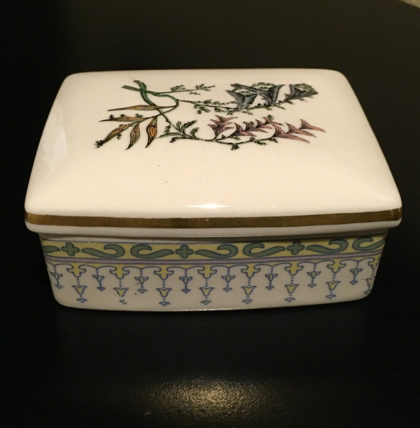 Vintage Ceramic Trinket Box Dish Lid Bluebell Wild Flowers Floral Gold Trim
