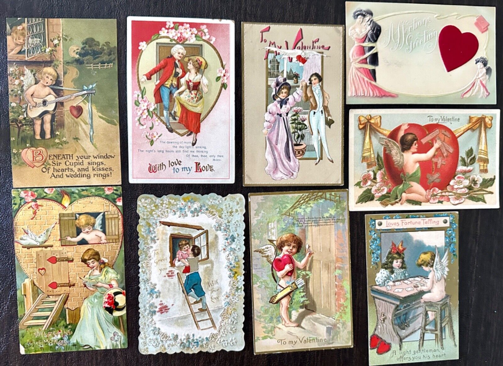 9 Colorful Antique VALENTINE\'S DAY embossed postcards ca 1910