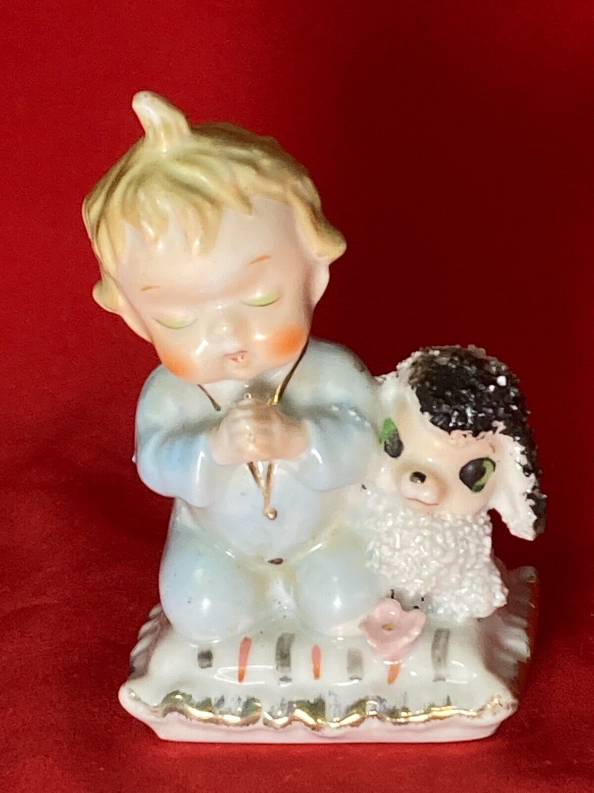 Praying Baby Boy w/Lamb Figurine Vintage Japan Ceramic Porcelain Spaghetti