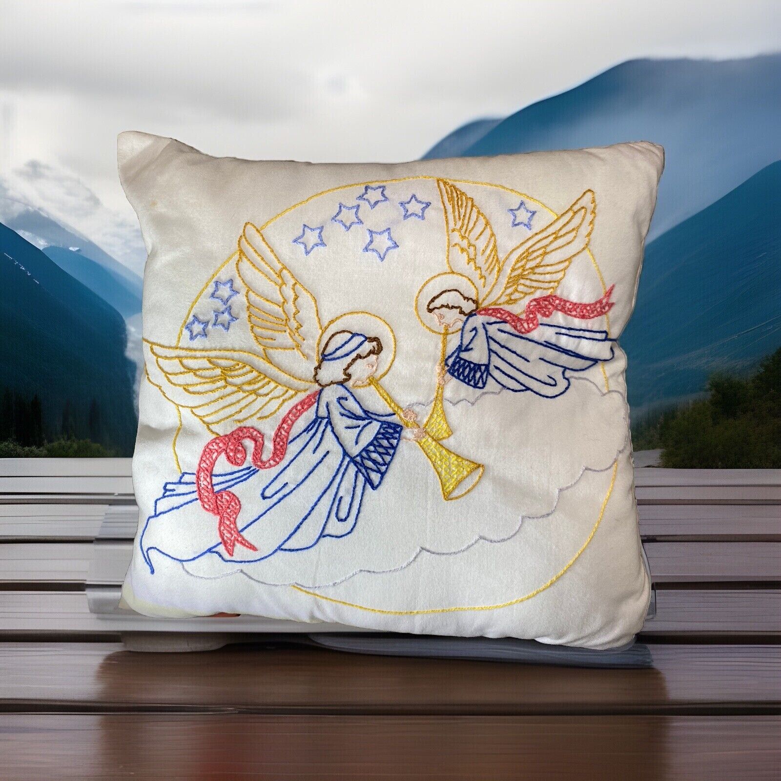 Vintage Embroidered Angels Playing Horns Pillow  12” x 13”