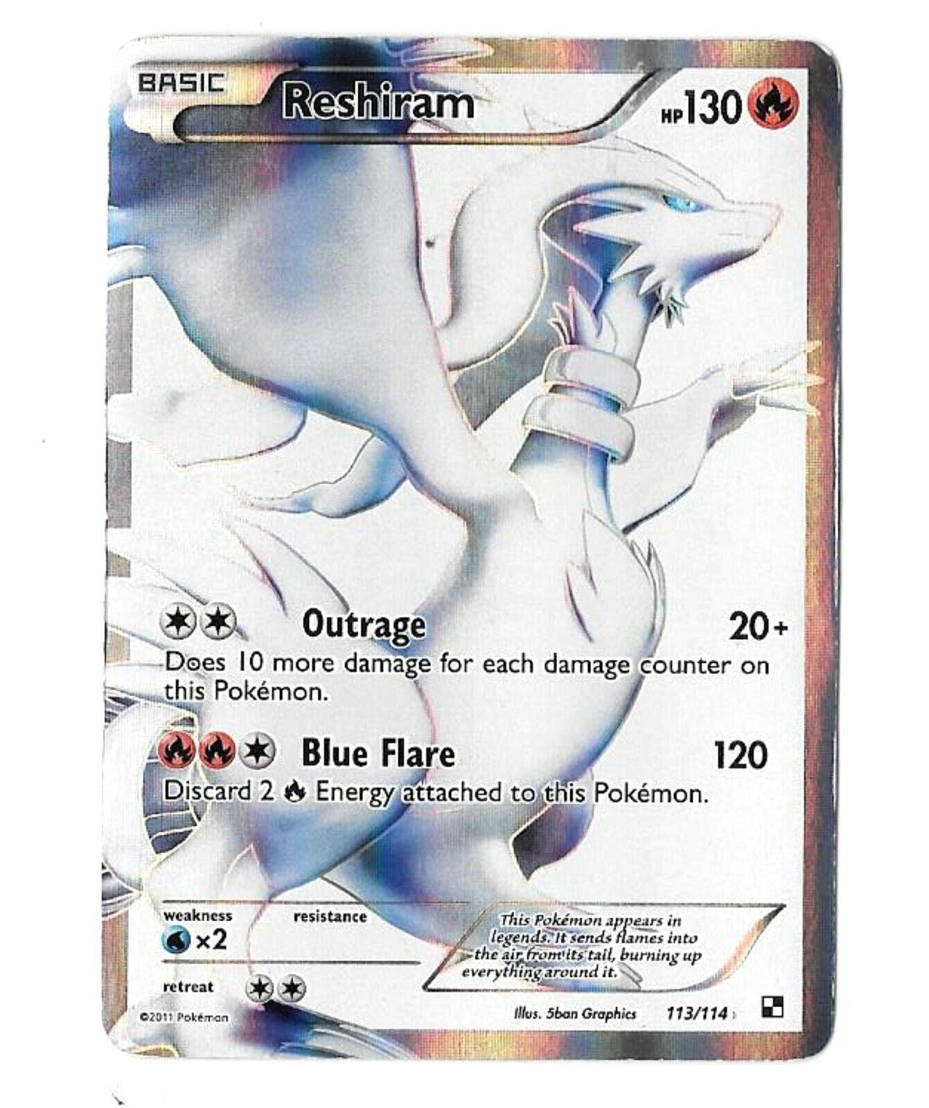 POKEMON CARD RESHIRAM 113/114 Holo, Excellent Condition in Protective Cover.