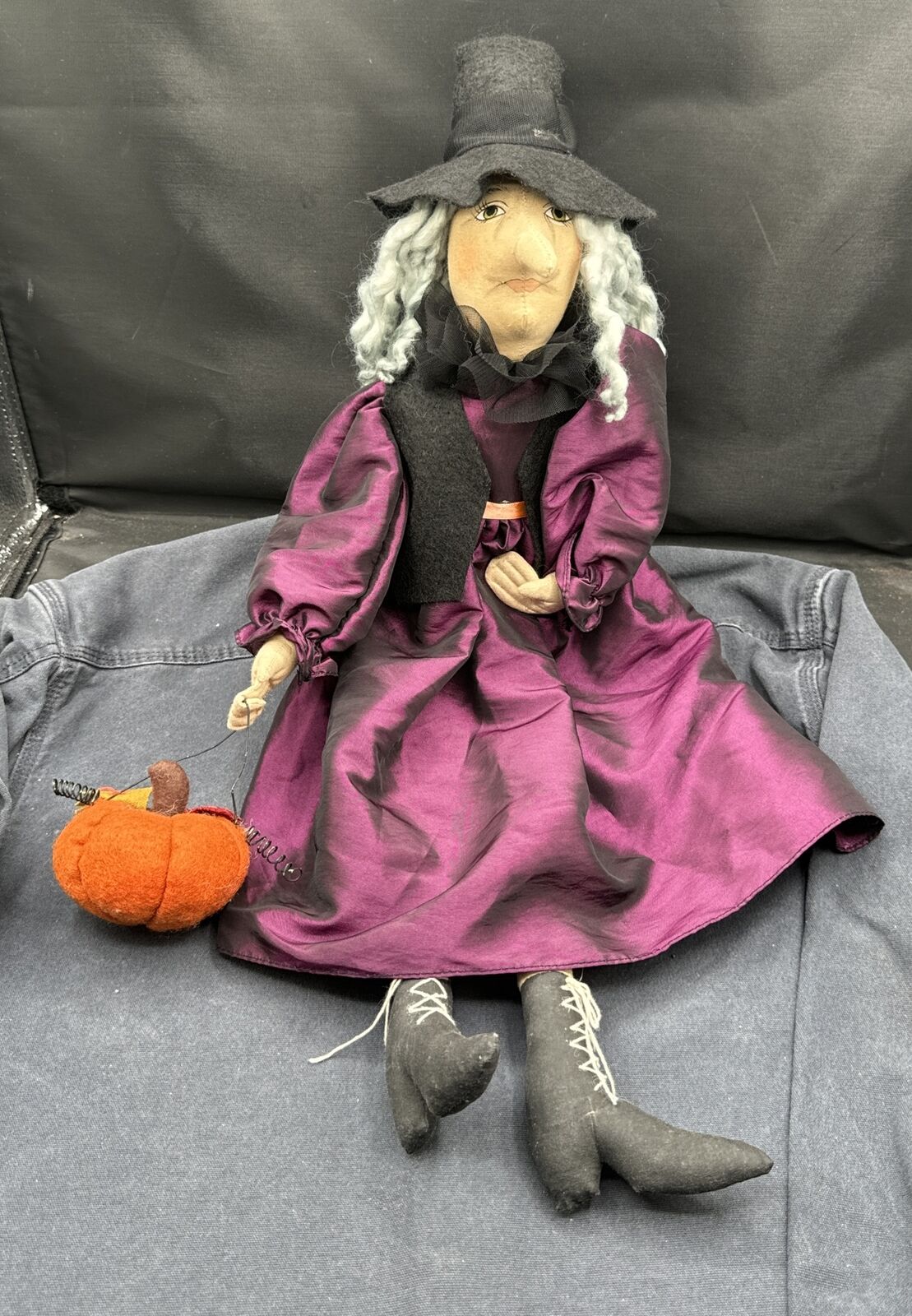 Gathered Traditions Halloween Witch Doll With Pumpkin Joe Spencer Purple Dress