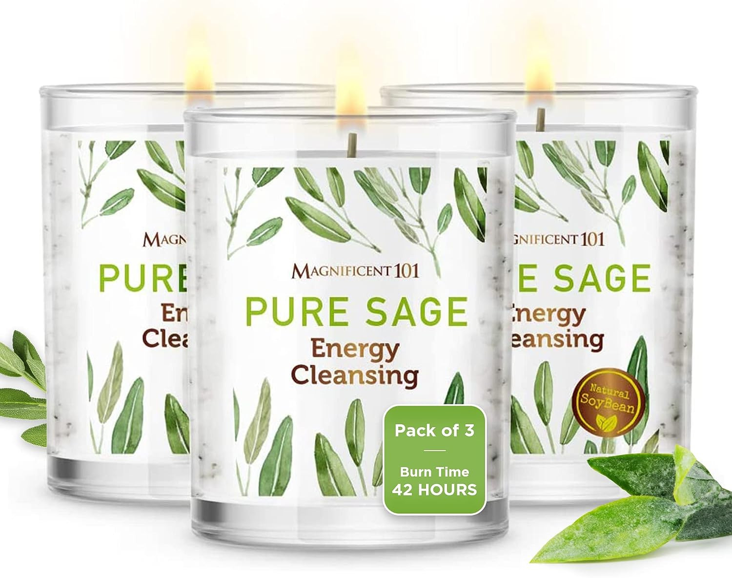 Magnificent 101 Set of 3 Long Lasting Pure Sage Smudge Candles | 42 Hour Burn - 