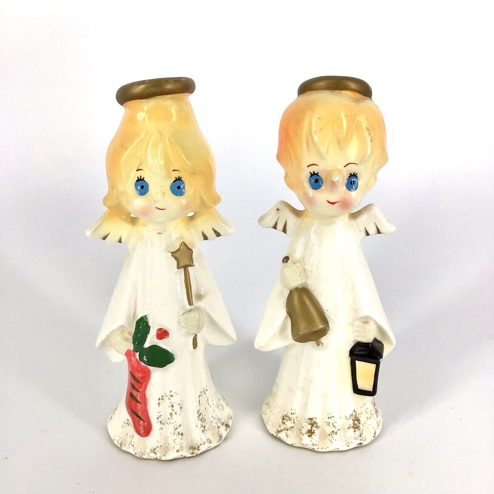 Vintage Christmas Angel Figurines Set Of 2 Boy Girl Blue Eyed 6” Ceramic