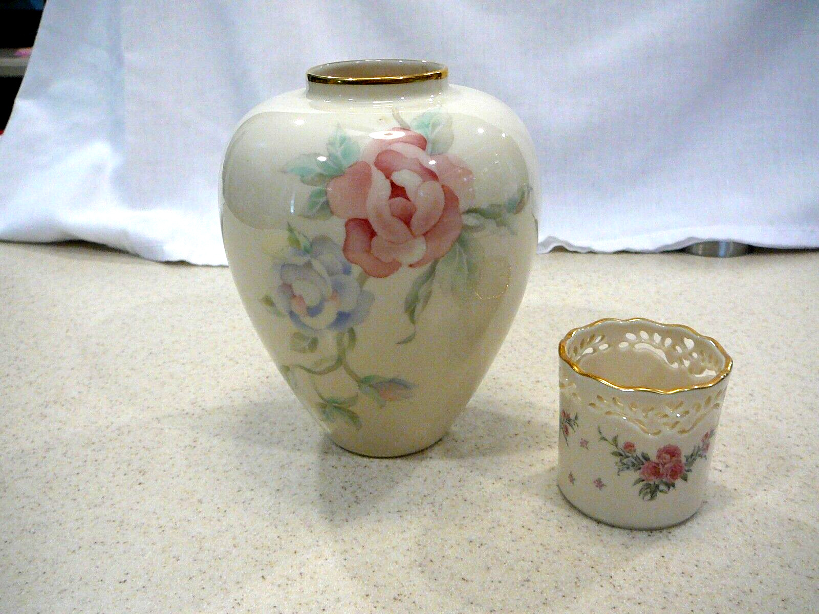 Vtg Lenox Centennial 1889-1989 - w/Blooming Flower on Ivory-Golf Rim + Sm Vase