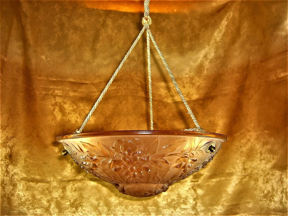 Ceiling light, Art Deco, Art Nouveau, thick pressed Pink glass with flowers 1940