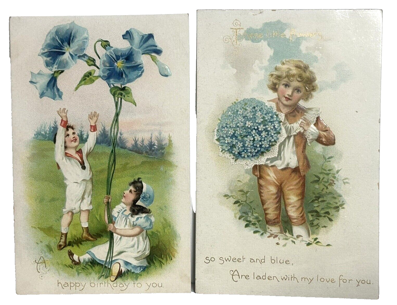Tucks Postcard Children Floral Exaggerated Blue Columbine Forget Me Knots Lot 2