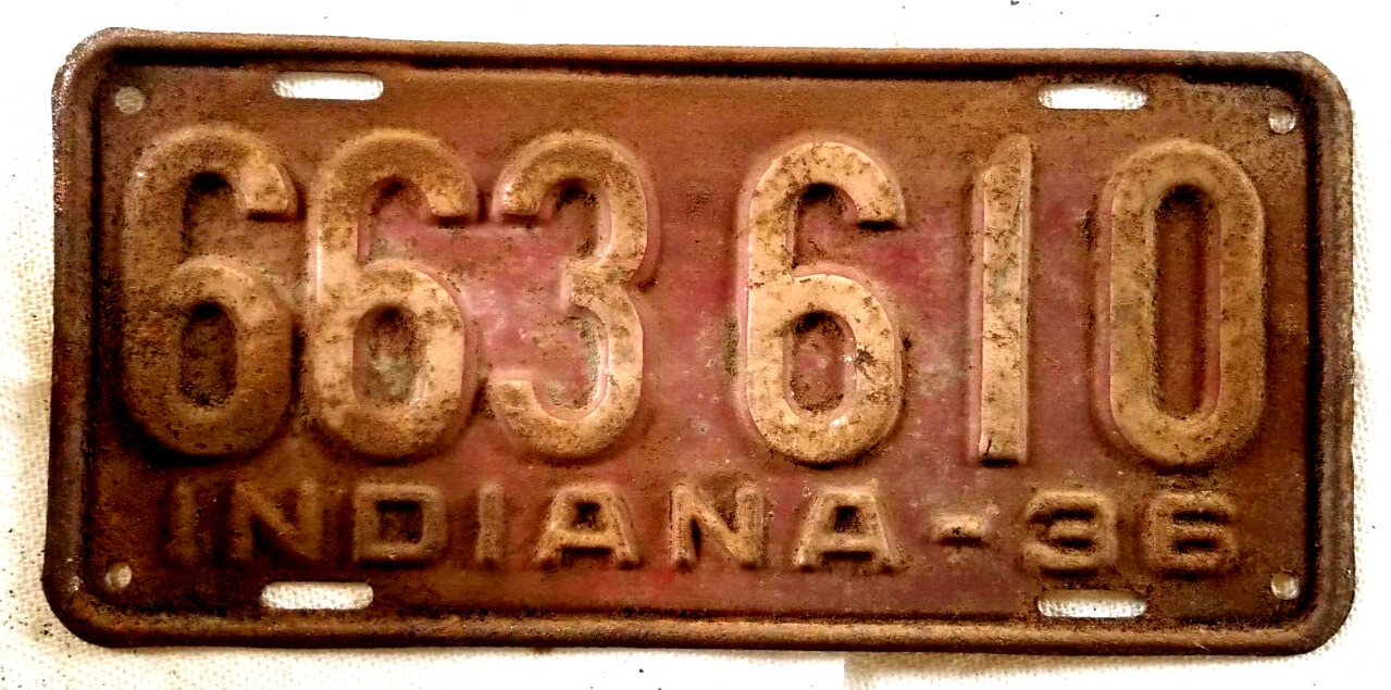 Indiana Antique 1936 Metal Expired Vehicle License Plate 663 610 VTG Weathered