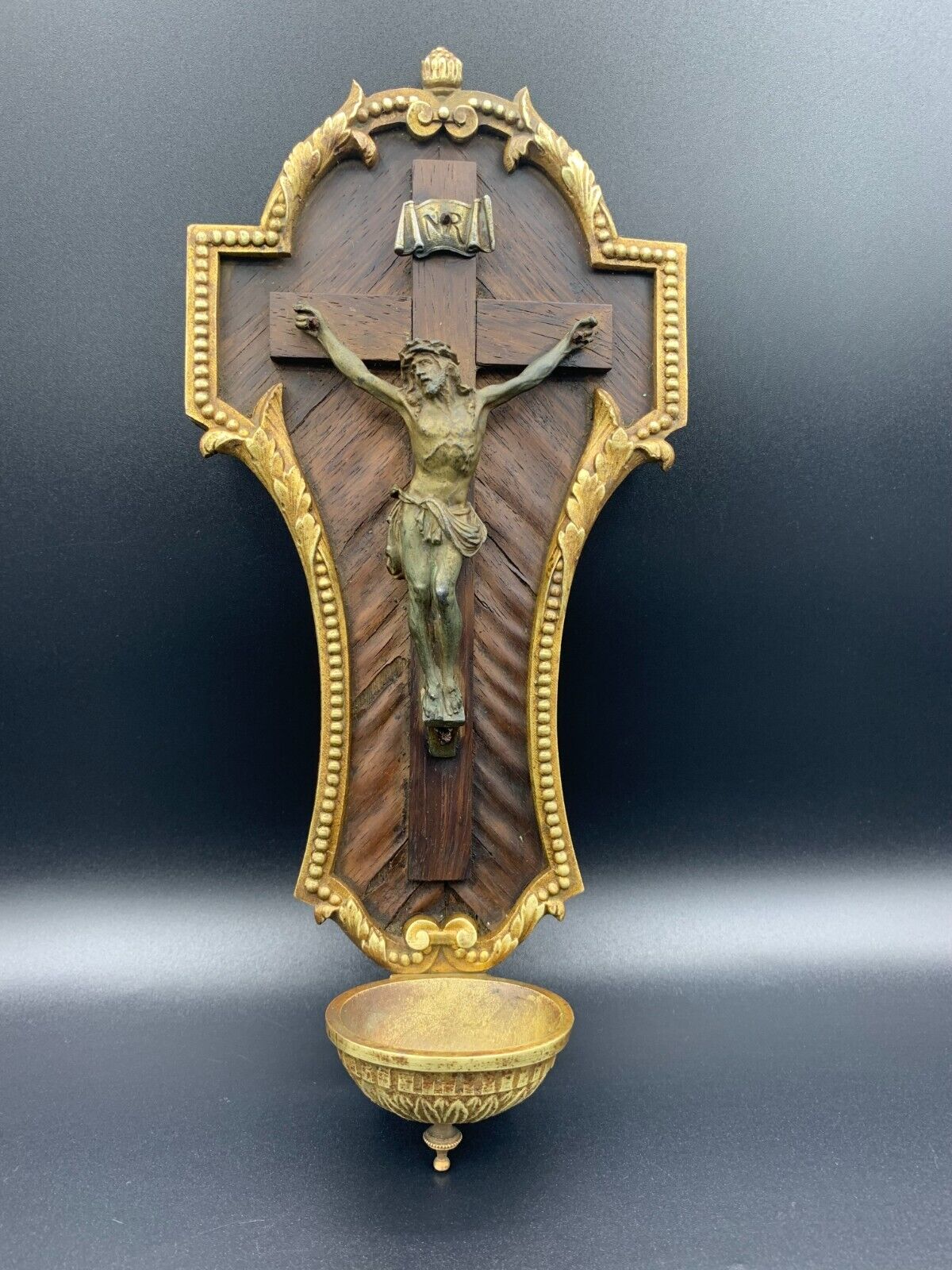 19th C. Religious French Holy Water Font Christ Cross Gilded Bronze Wooden Frame