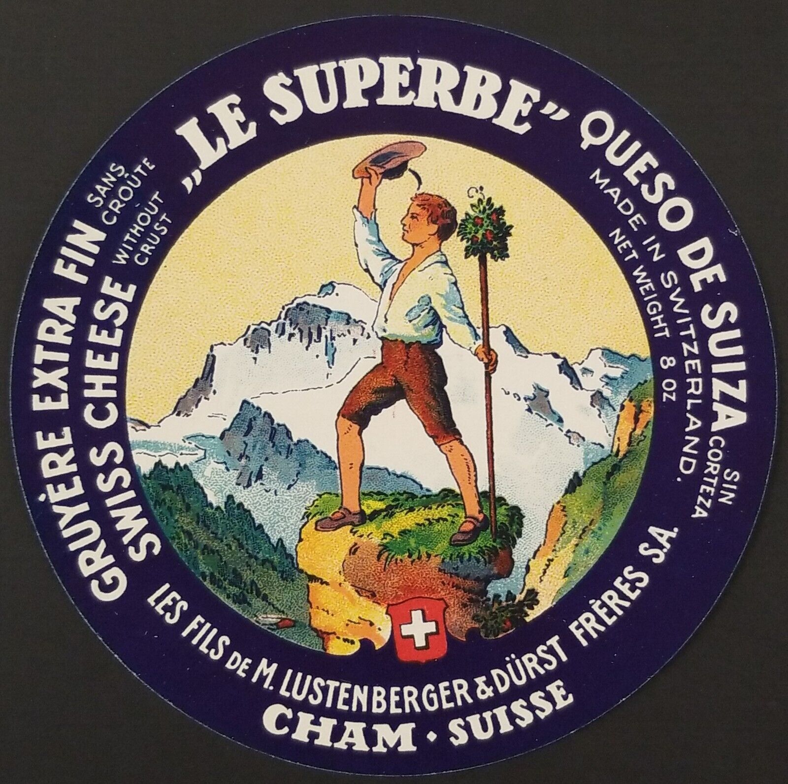 Switzerland Swiss Cheese Export Label w/out Crust Spanish English French Vintage
