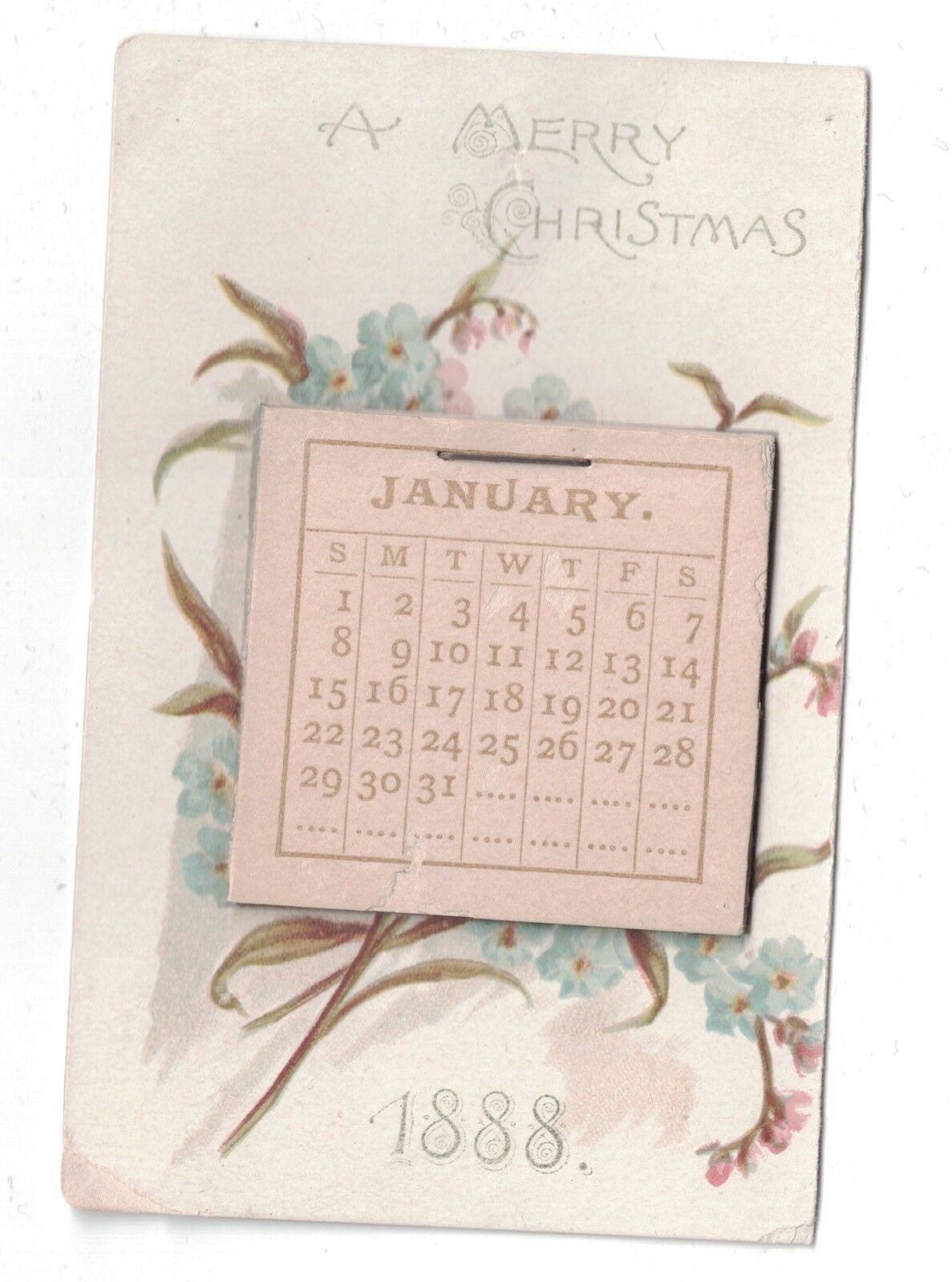 A Merry Christmas 1888 Pocket Calendar Card Flowers L.B.C. C15