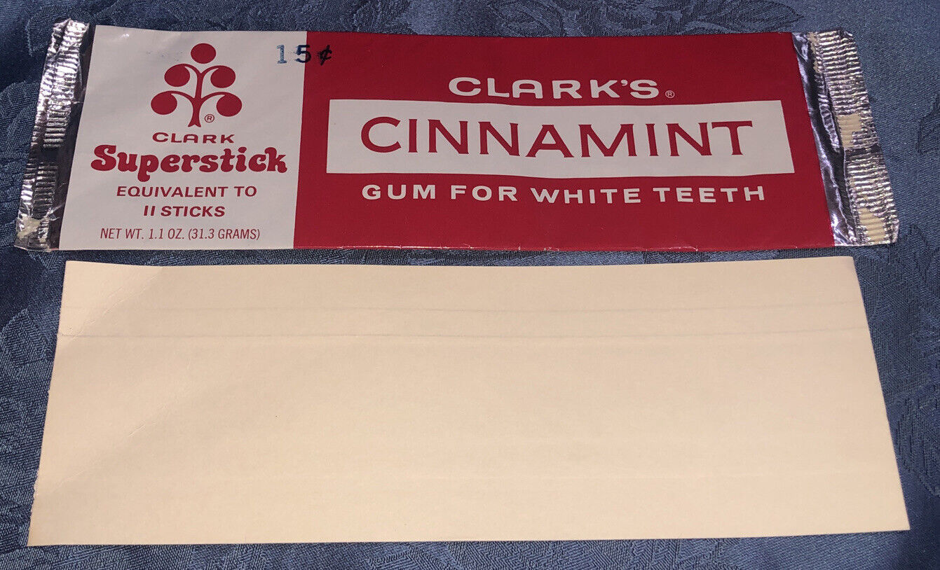 Vintage 15 Cent Clark’s Clark SUPERSTICK Gum Cinnamint container 9.5” Wrapper