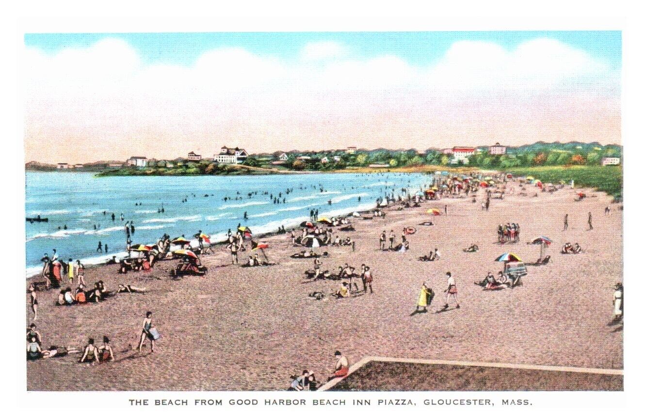 Vtg Postcard Gloucester Massachusetts Beach View from Harbor Beach Inn Piazza