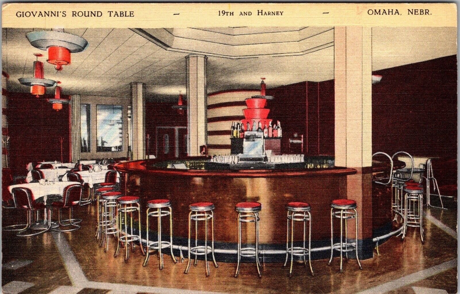 1940s OMAHA, Nebraska Linen Postcard GIOVANNI\'S ROUND TABLE RESTAURANT Bar T9