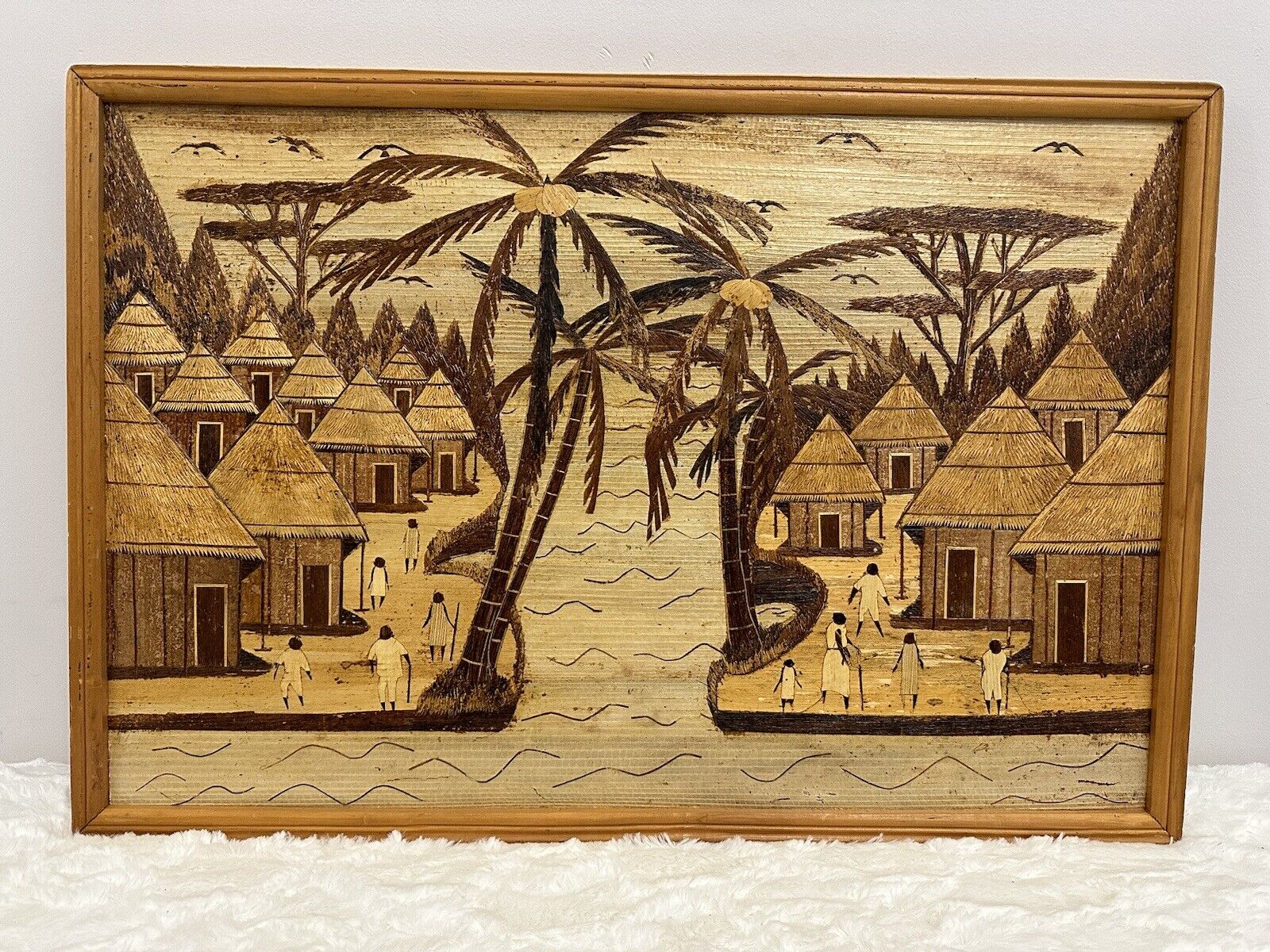 Mid-Century African Colonial Art Work with Inlaid Wood, 1960s Rare 25” X 17”