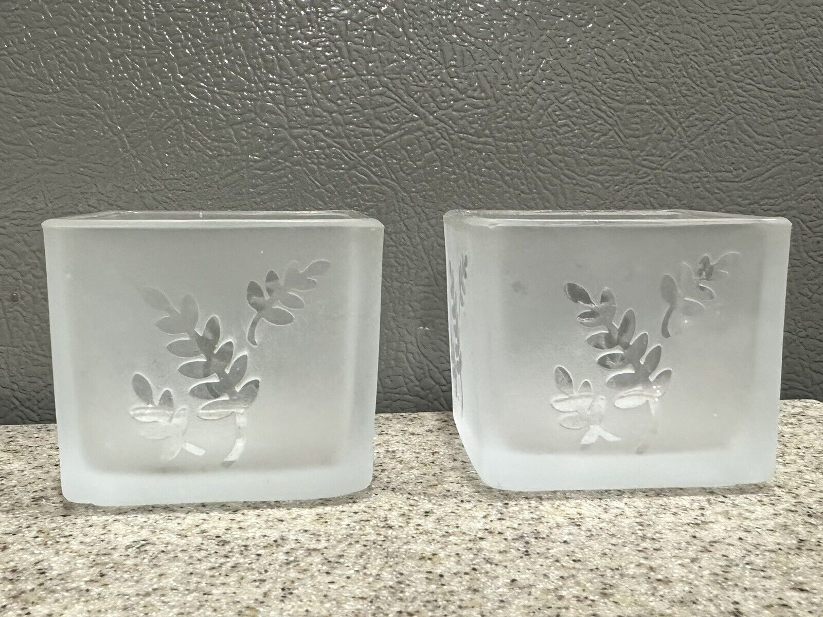 2 PartyLite P7235 Frosted Leaf Votive Square Candle Holders Original Box Unused