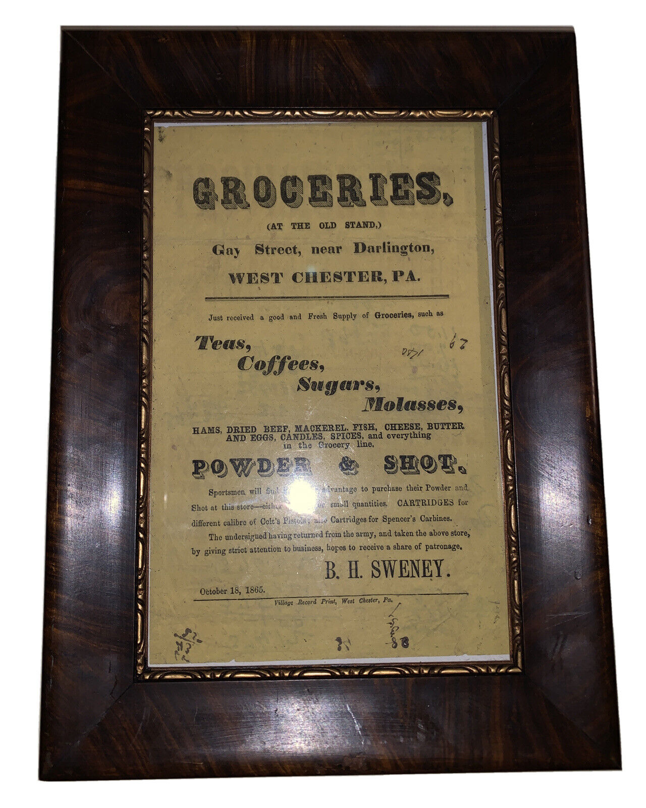 1865, WEST CHESTER, PA, ORIGINAL BROADSIDE, GROCERIES, GAY STREET & DARLINGTON