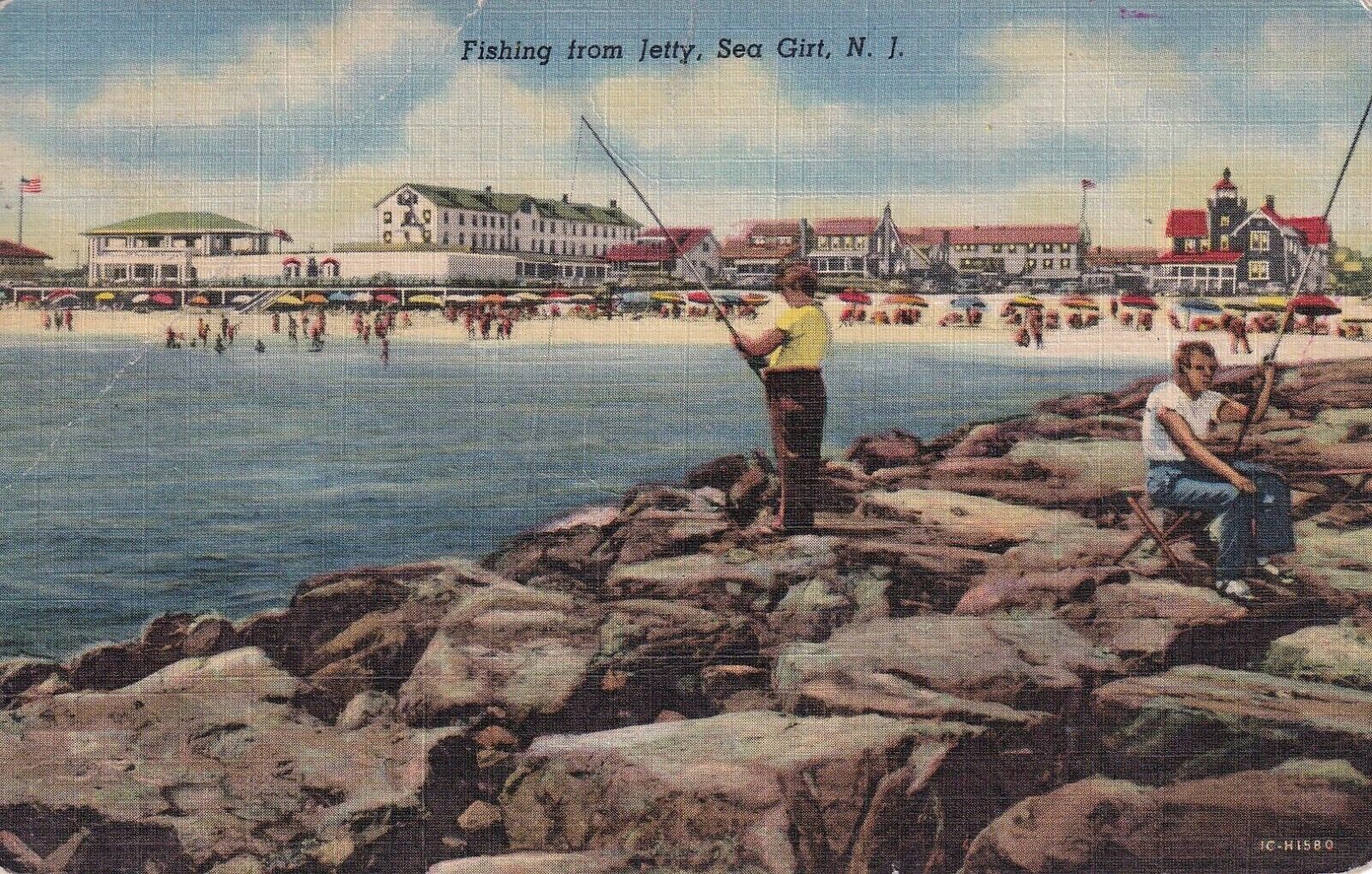 Vintage 1954 Postcard Deep-Sea FISHING FROM JETTY , SEA GIRL, NEW JERSEY