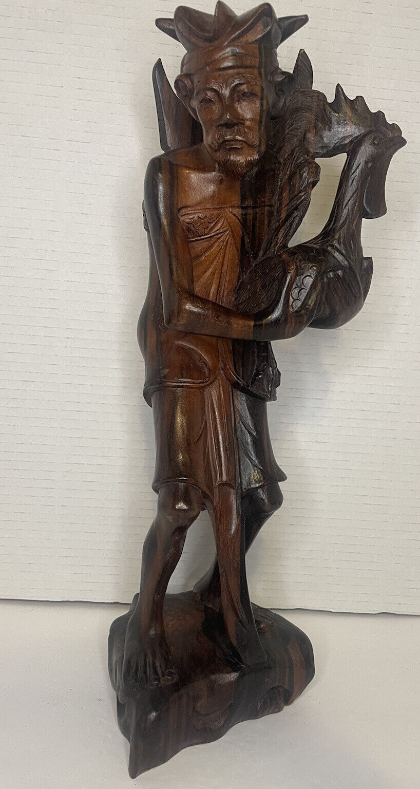 Wood Carving Statue Indonesian Man With Rooster 15” Tall Weighs 3.77 