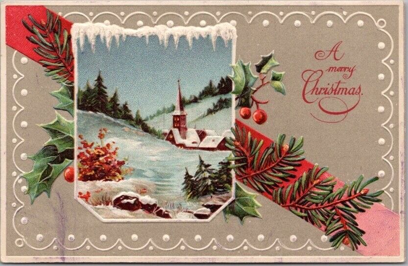1910s MERRY CHRISTMAS Embossed Postcard Winter Church Scene / Printed in Germany