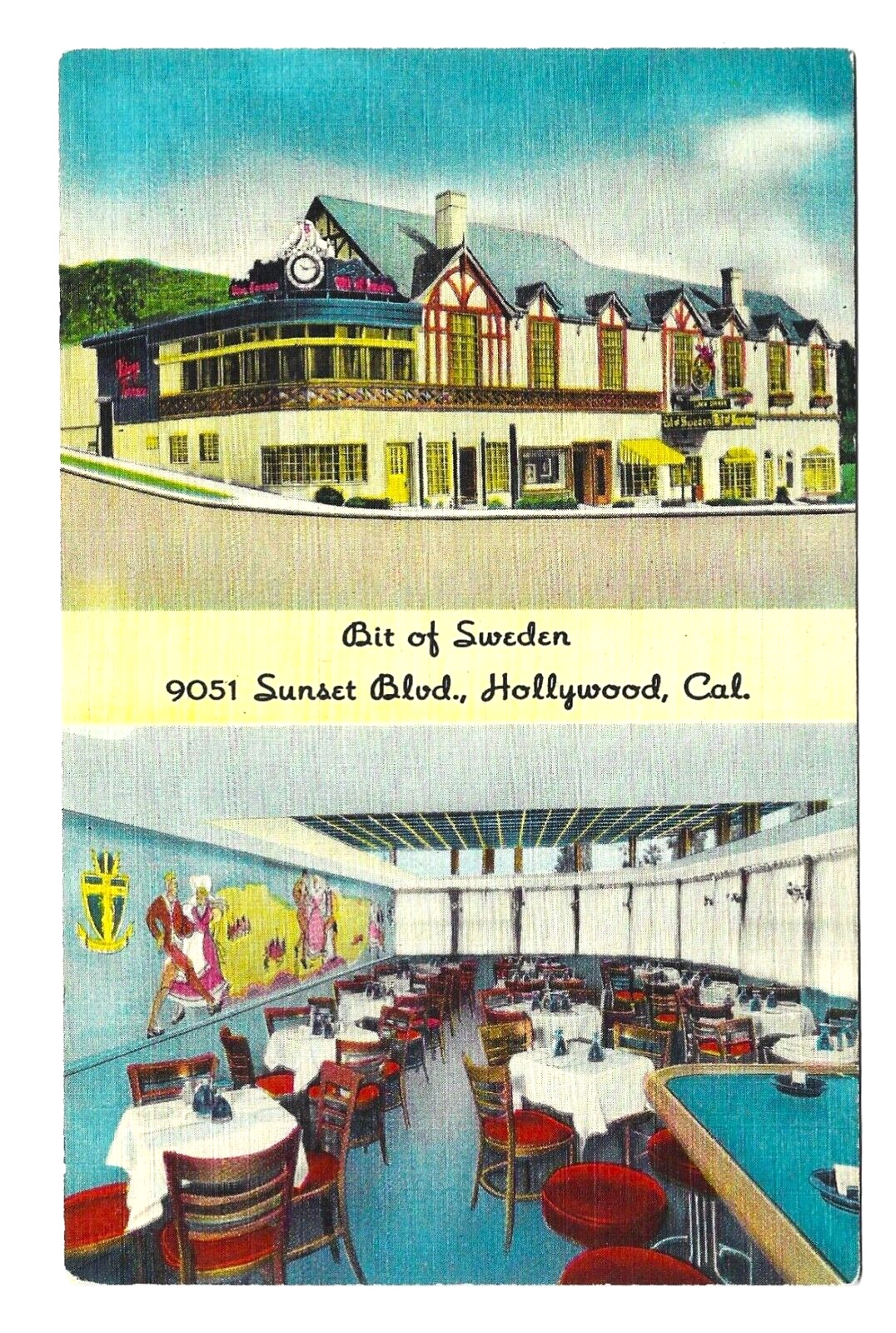 BIT OF SWEDEN, 9051 SUNSET BLVD., HOLLYWOOD, CAL. - 1940s Linen Postcard