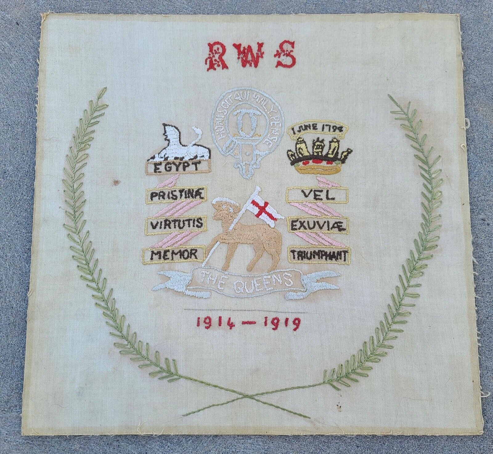 Antique Queen\'s Royal West Surrey Regiment Sampler WW1 Original