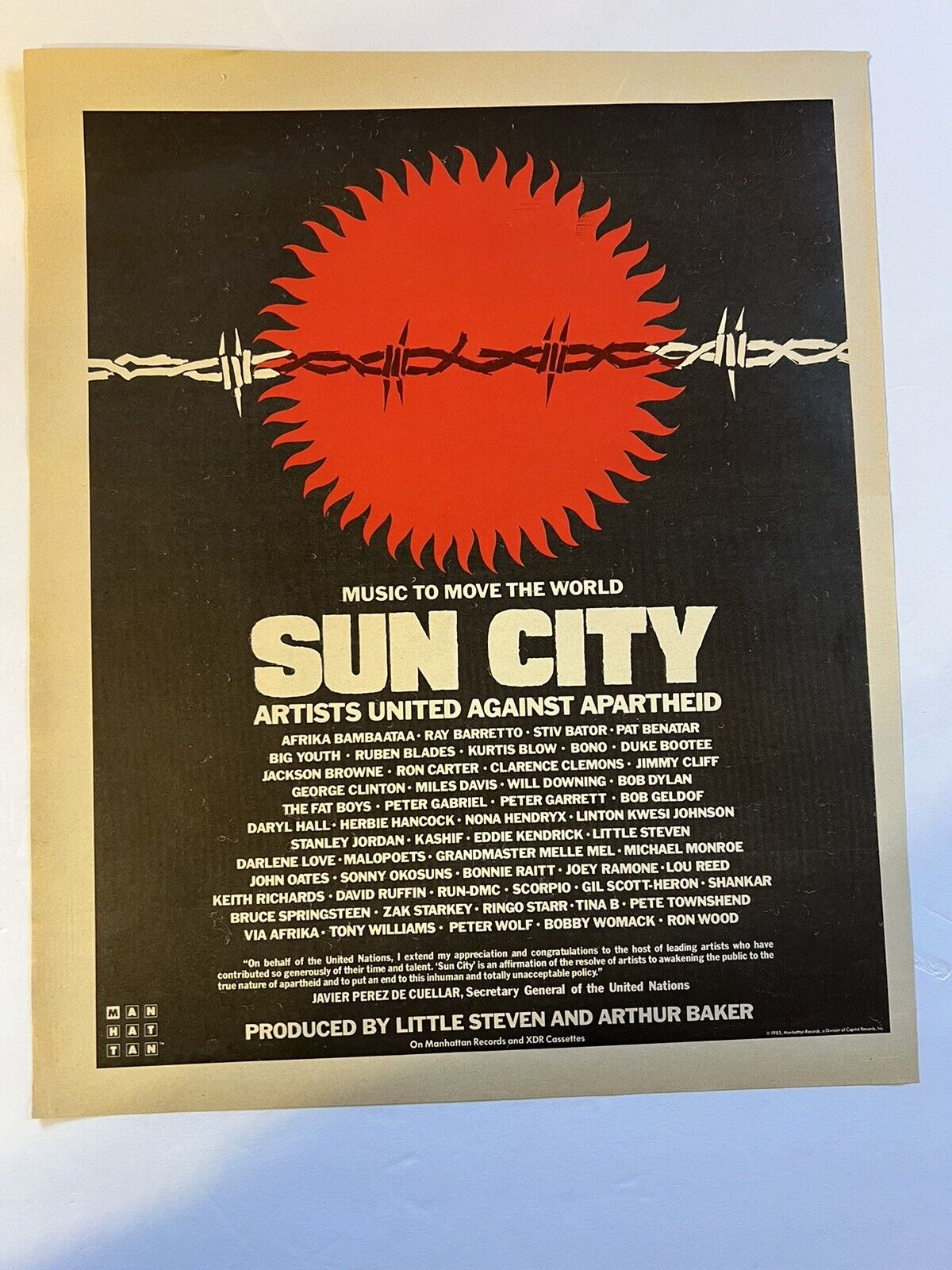 Vtg 1985 Ad Sun City Artists United Against Apartheid Springsteen, Little Steven