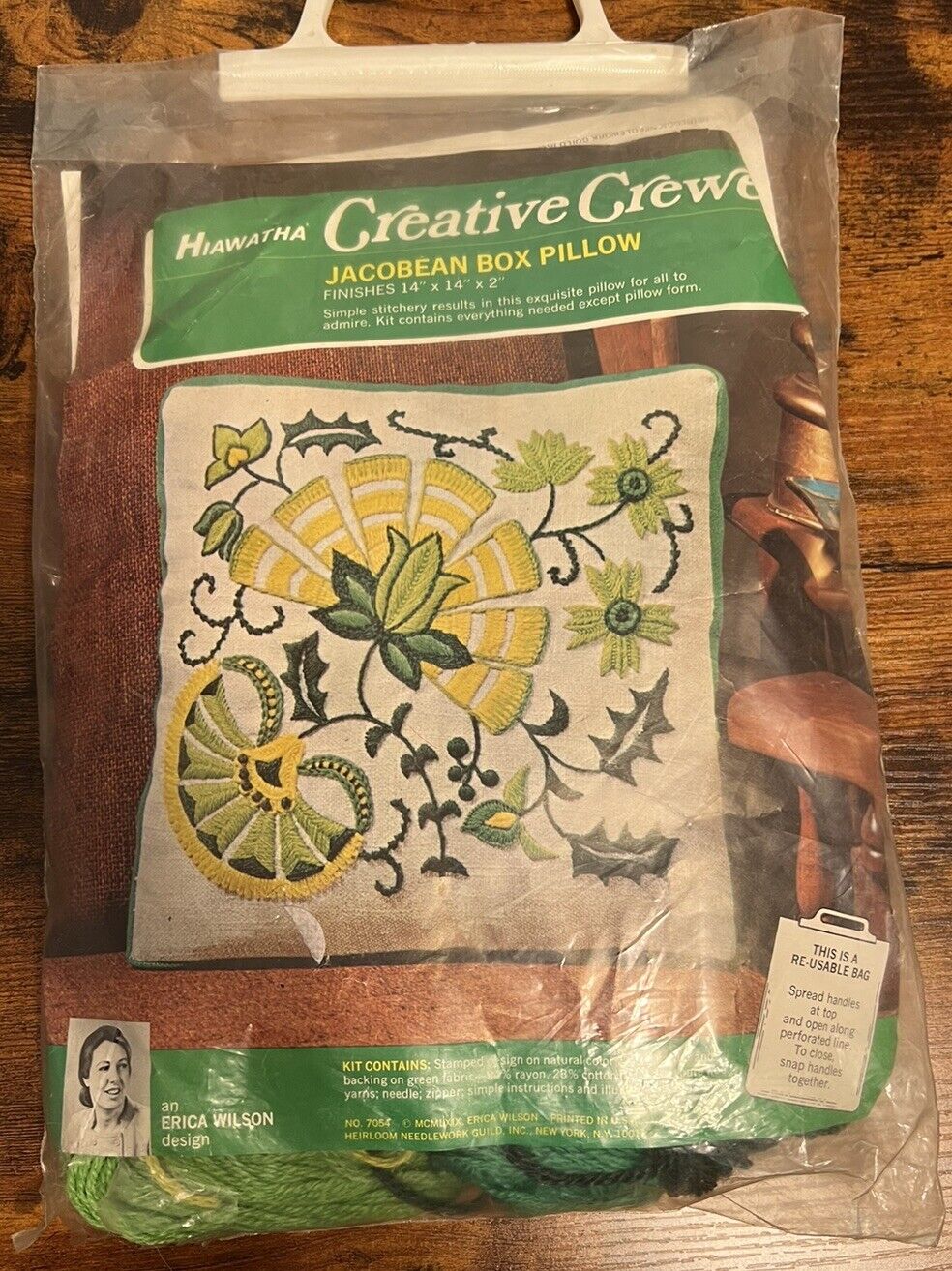 Vintage Creative Crewel Kit Jacobean Box Pillow Rare 70s Floral Yellow Green
