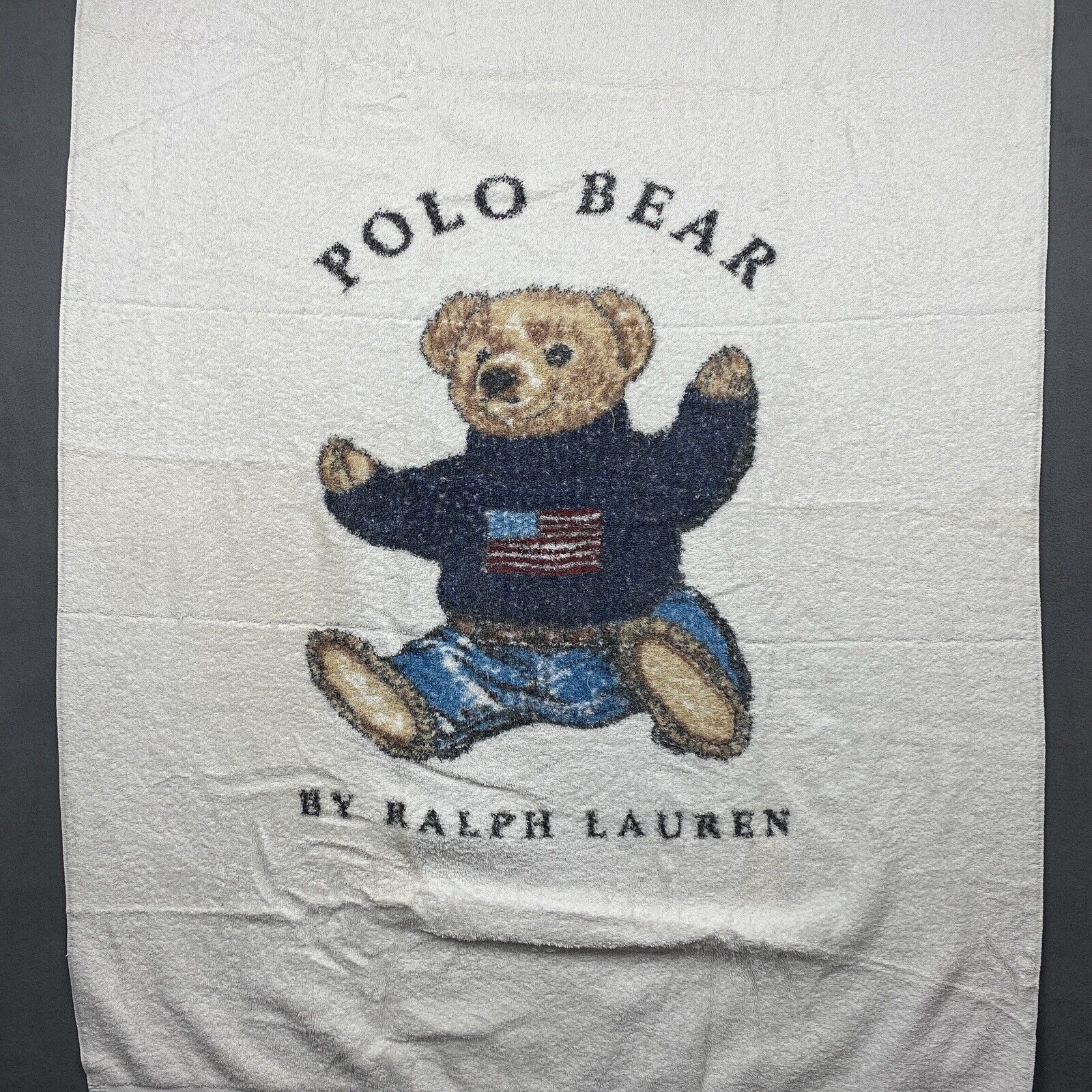 Ralph Lauren Towel White Vintage Polo Bear Flag Sweater 35x60 90s Beach Swim USA