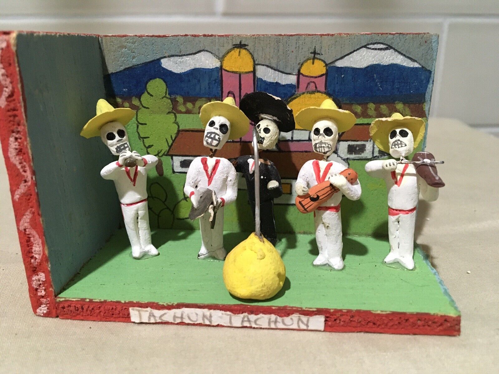 Vintage Day Of The Dead Mariachi Band On Wooden Diorama Folk Art