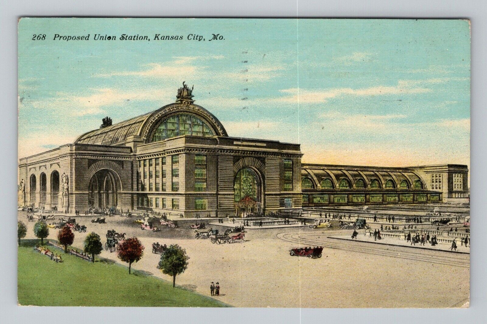 Postcard Kansas City Missouri Union Station Train Cars Street View MO 1911