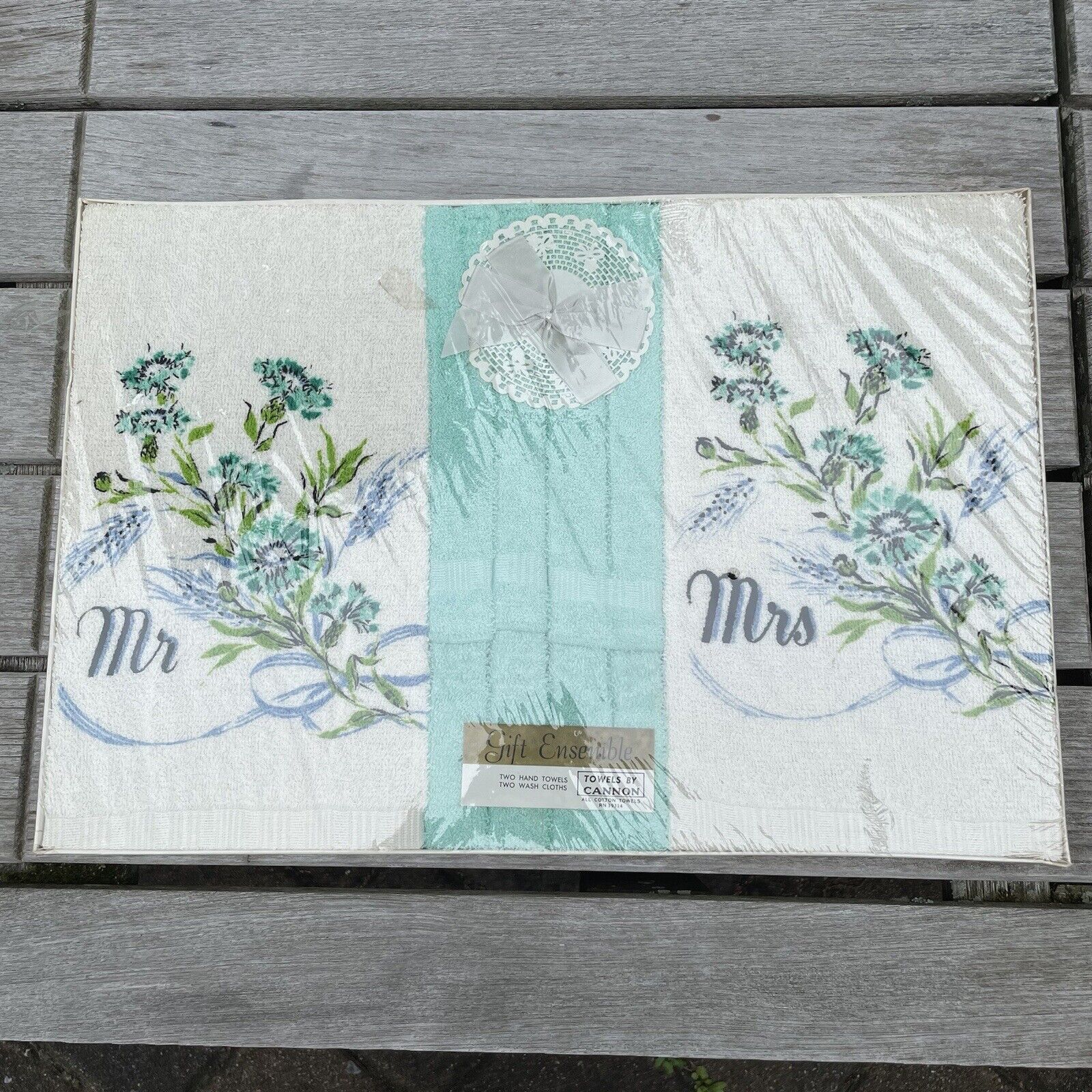 Cannon Bath Towel Set Mr Mrs Wedding Gift Box Floral 4 Pc Set Vintage NOS NEW