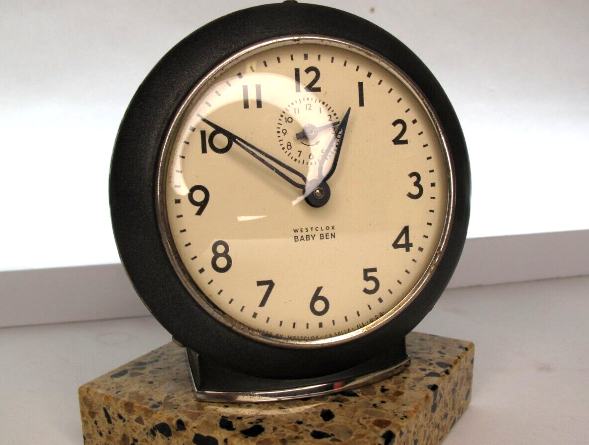 Vintage 1940’s Westclox Baby Ben Style 61V Black Plain Alarm Clock Working
