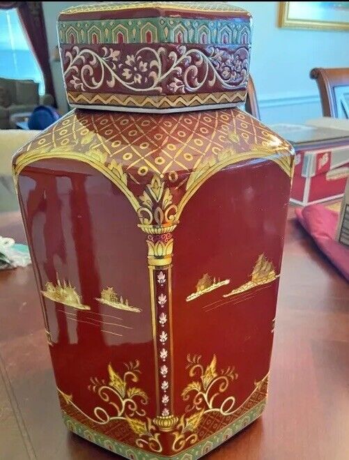 Vintage Asian Deep Red Ceramic Hexagon Vase with Lid