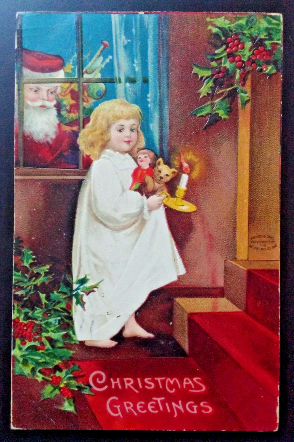 1908 Christmas Greetings Embossed Postcard German Peeping Santa Child Holly
