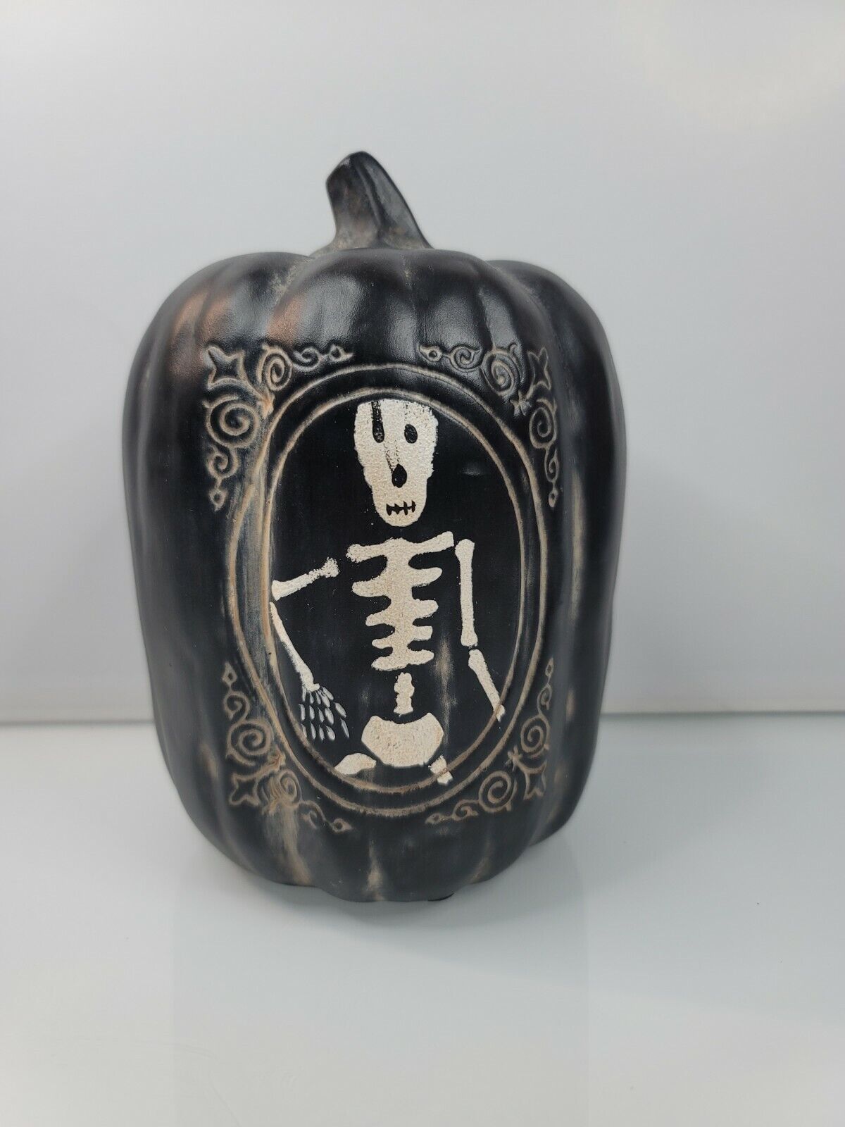 Matte Black Ceramic Spooky Skeleton Mr. Bones Pumpkin 7 in by 5 in Chalk Black