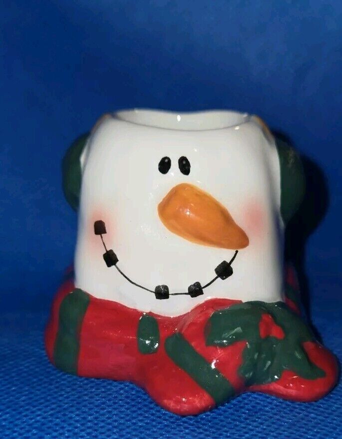 Accent Candle Crazy Mountain Ceramic Snowman Green & Red Striped Scarf XM01